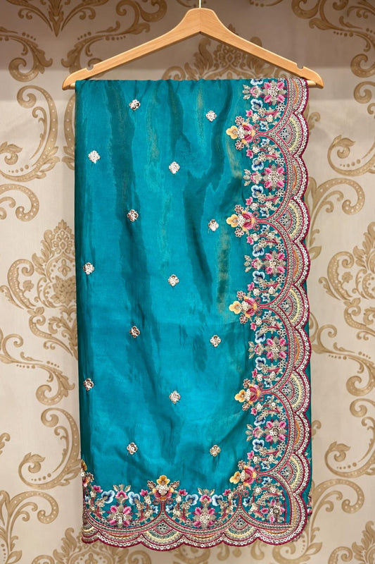 Sea Green Taby Silk Saree with Sippi, Thread & Jari Work