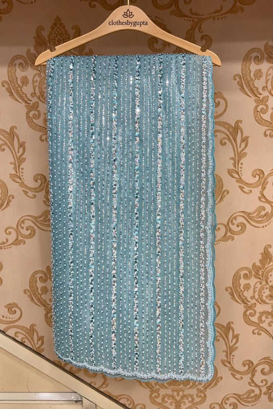 Powder Blue Net Saree with Sippi & Pearl Work and Matching Blouse