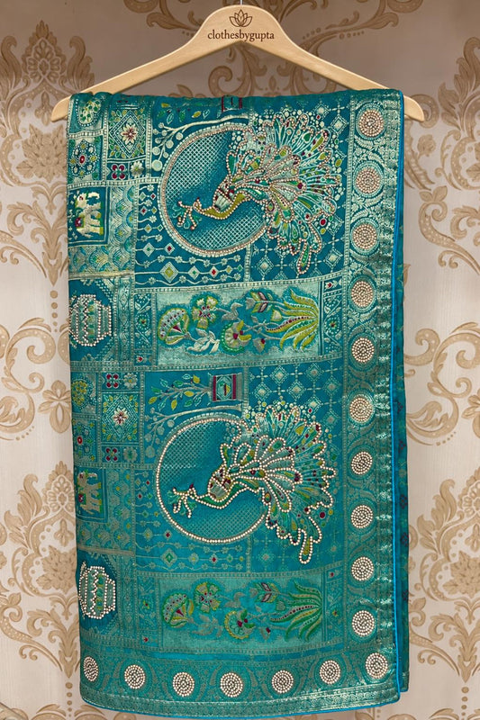 Peacock Green Banarasi Silk Saree with Mirror & Swarovski Work