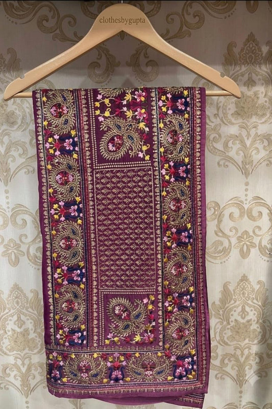 Onion Chinon Saree with Parsi Threadwork & Matching Blouse