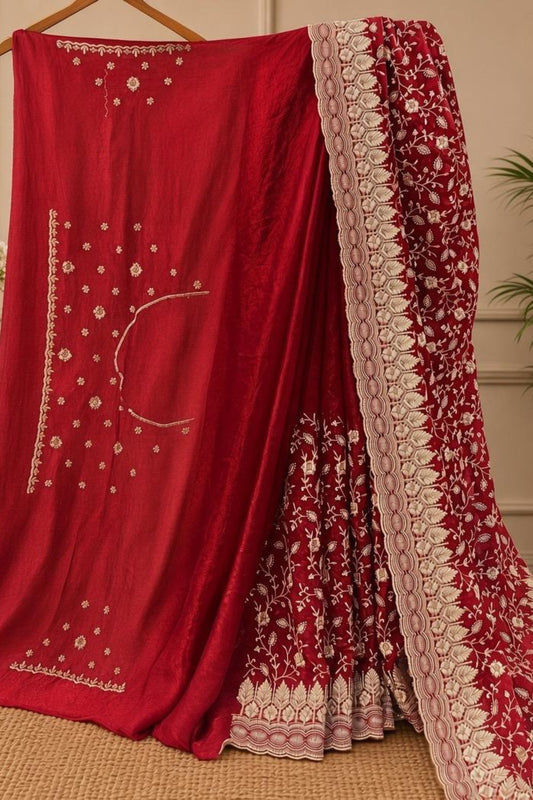 Red Shimmer Silk Saree with Zari & Nag Work and Matching Blouse
