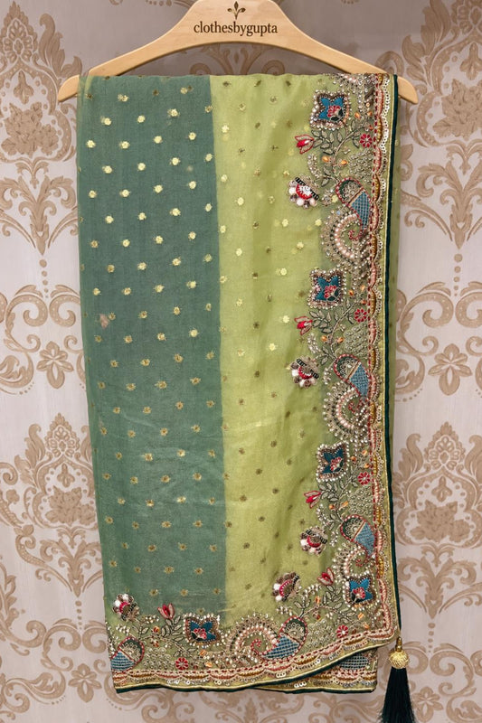 Light Pista Green Organza Saree with Sippi & Tilla Work and Khadi Silk Blouse