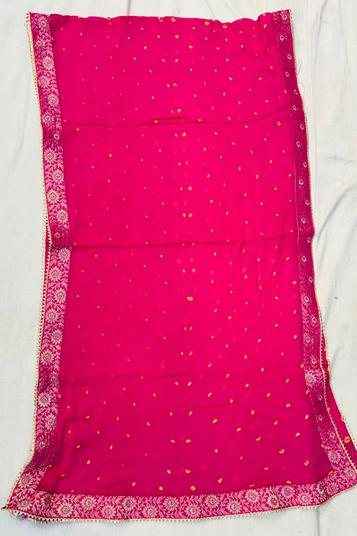Rani Pink Silk Suit with Bandhni Booti & Pure Chiffon Dupatta
