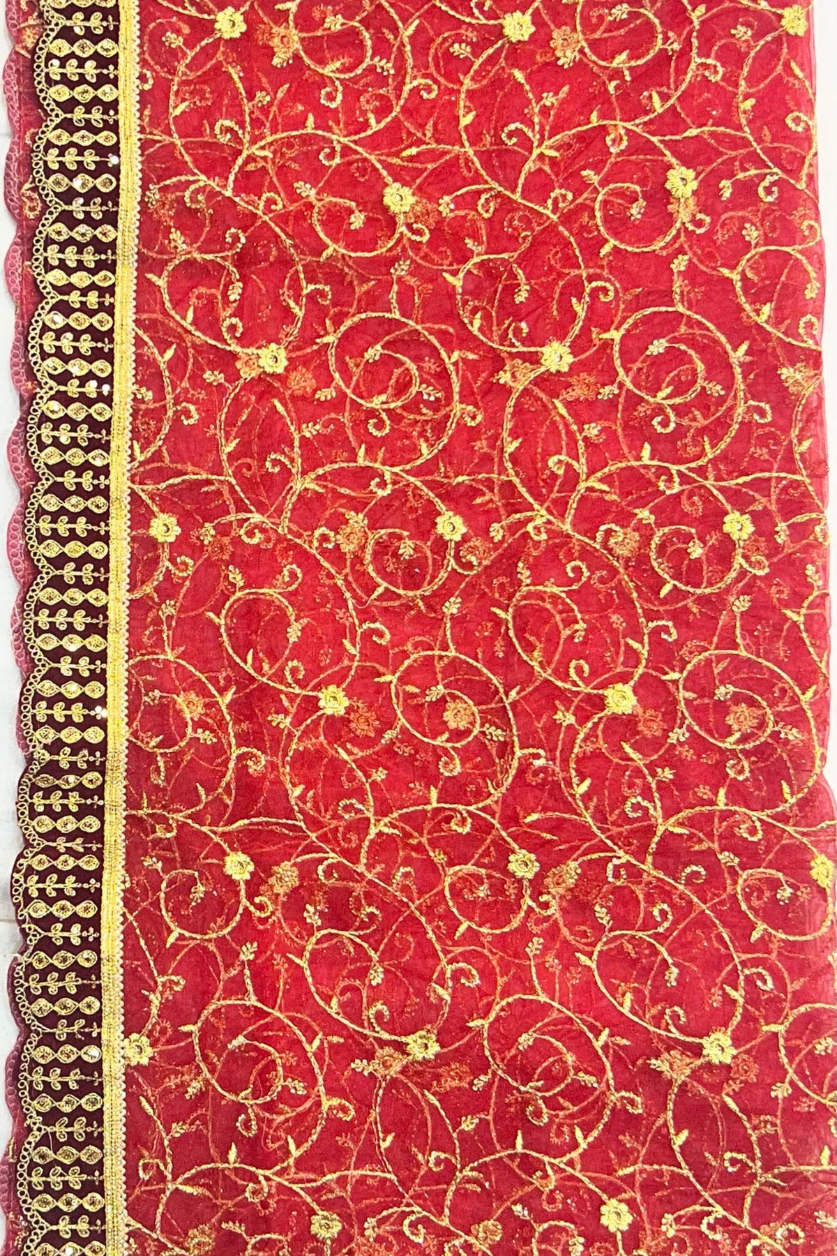 Red Net Embroidered Unstitched Suit with Sippi, Jari & Jaal Work
