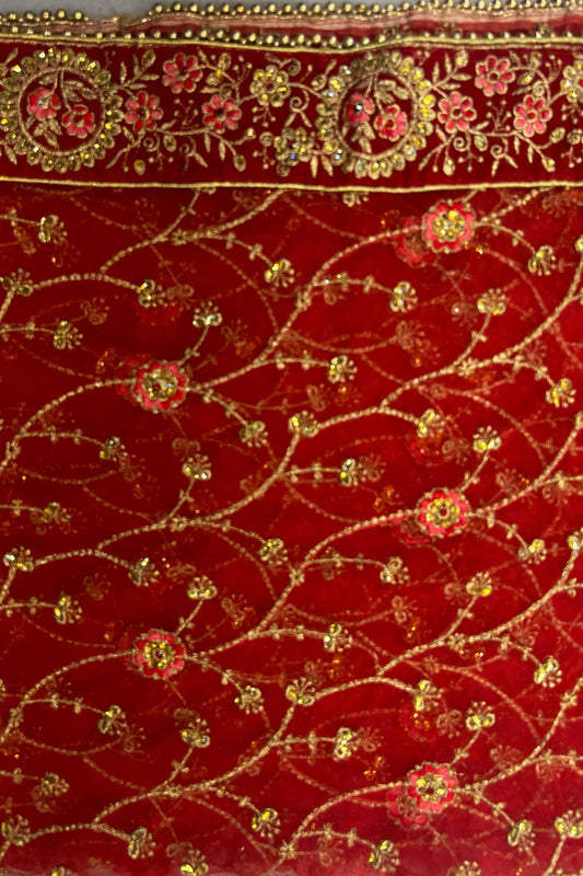 Red Wedding Jury & Stone Work Dupatta with Four-Side Lace