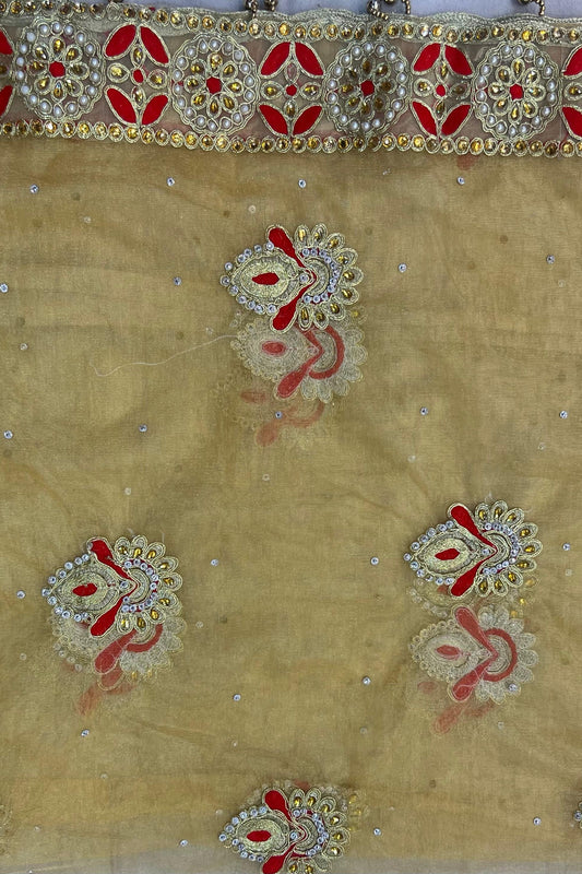 Golden Pearl & Stone Work Wedding Dupatta with Thread & Jari Detailing