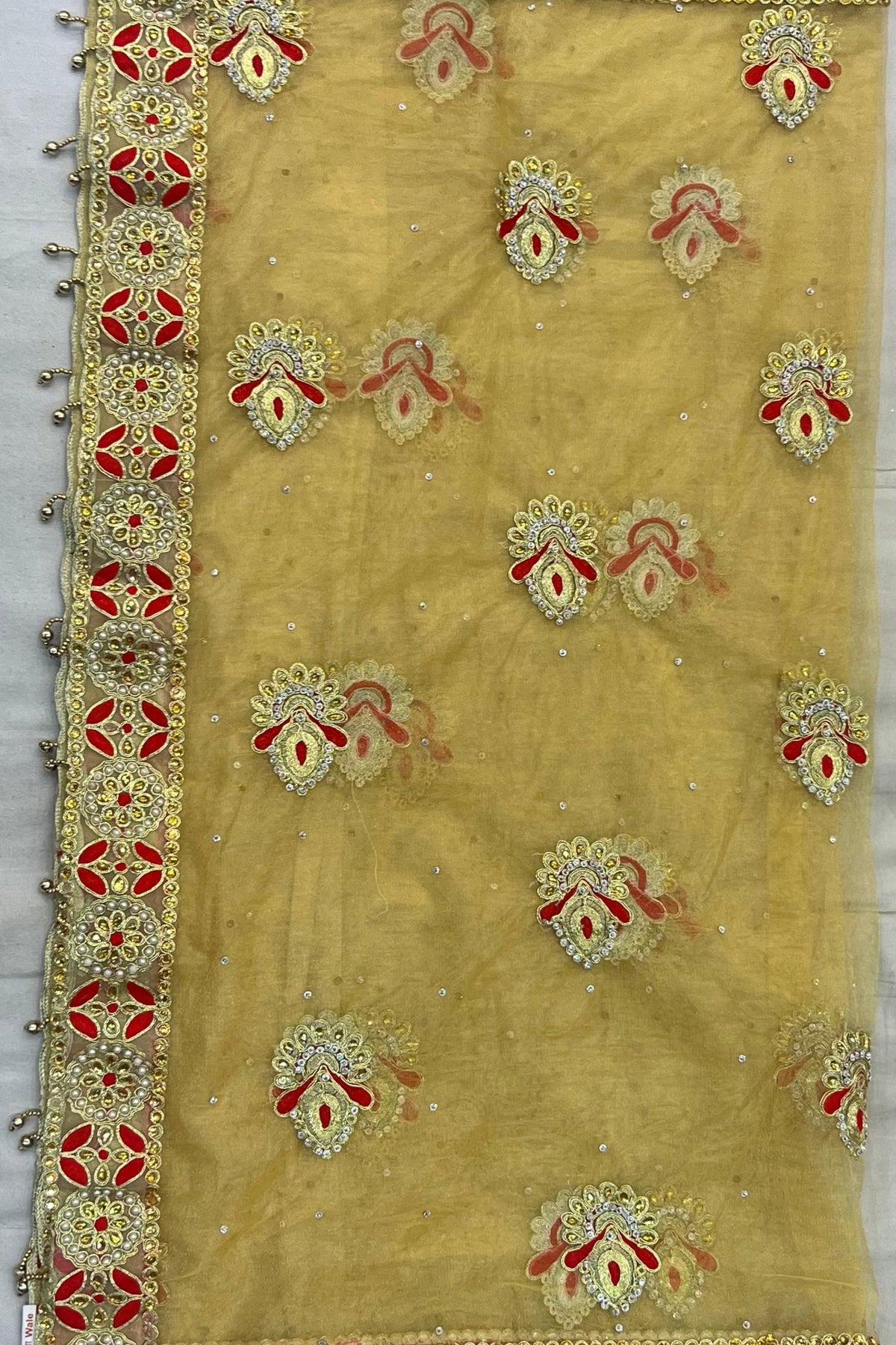 Golden Pearl & Stone Work Wedding Dupatta with Thread & Jari Detailing