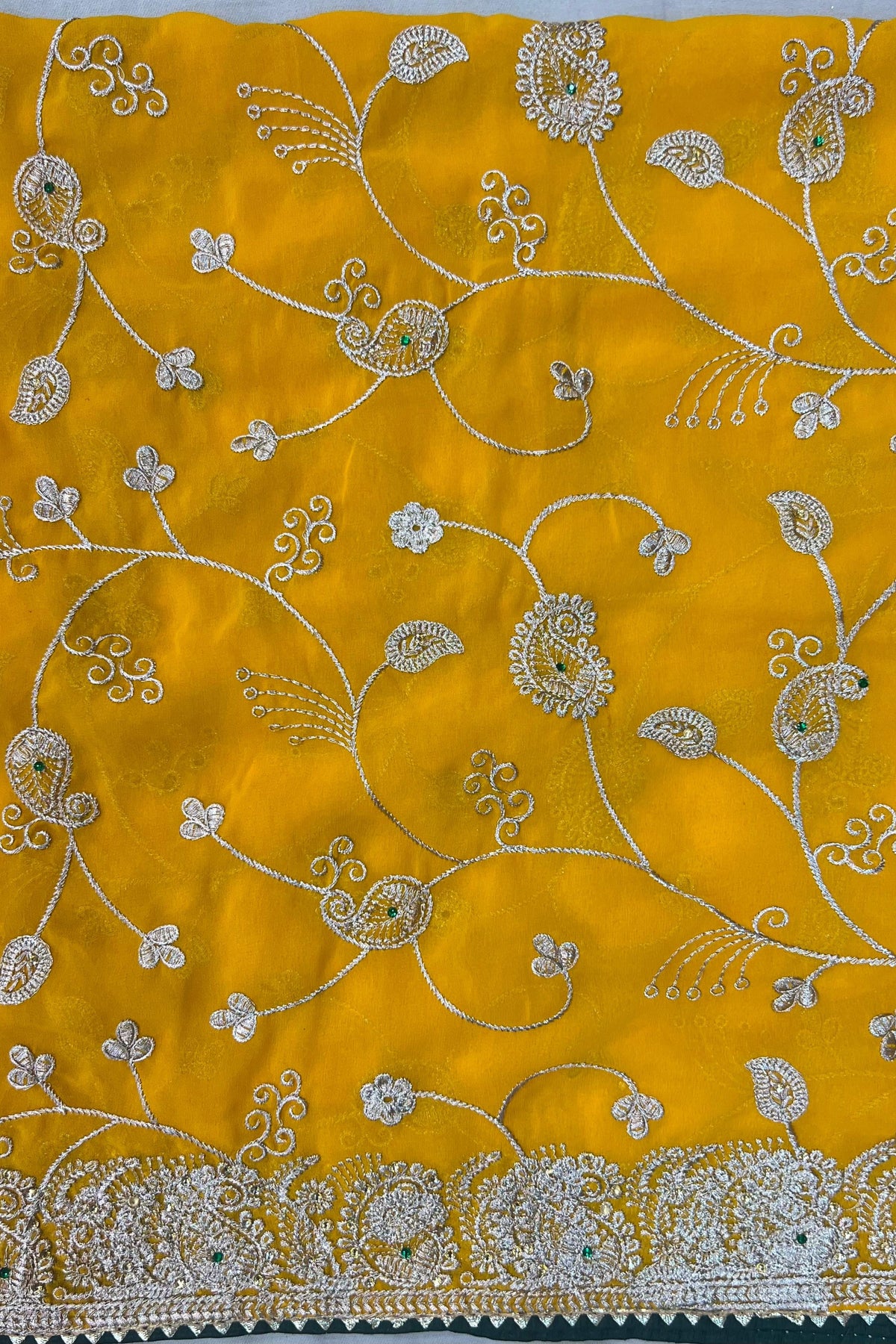 Mustard Yellow Georgette Embellished Unstitched Suit with Stone Work
