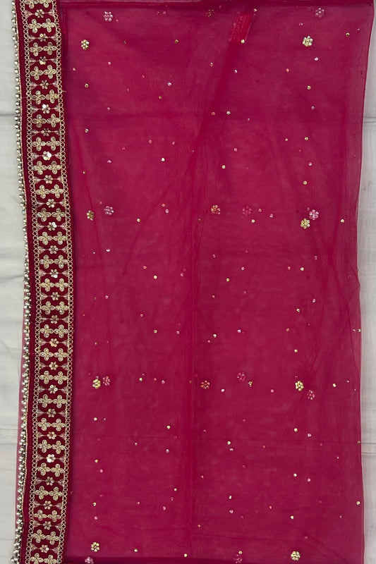Magenta Stone Work Lace Saree with Four-Side Border