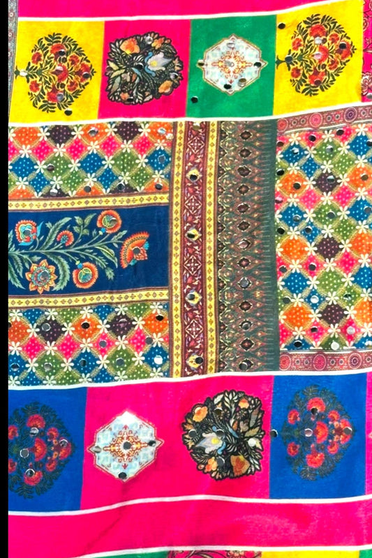 Multi Colour Chinon Suit with Pakistani Four-Side Lace & Mirror Work