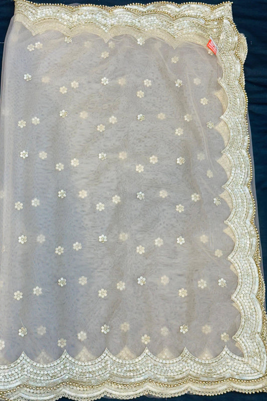 Golden Net Saree with Four-Side Jari, Sippi & Cut Pear Work