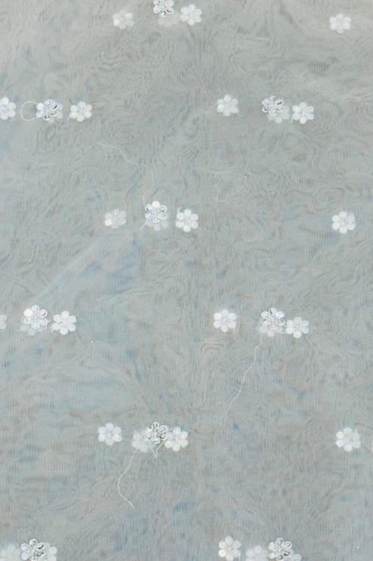 White Net Fabric with Sippi, Mirror & Pearl Border Work – Dyeable