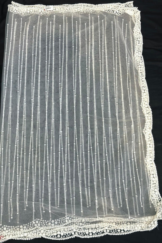 Elegant Cream Net Fabric with Pearl, Sippi & Thread Work