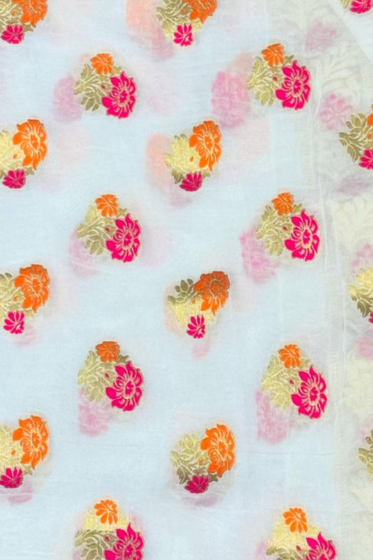 White Georgette Fabric with Jari & Multicolour Floral Border