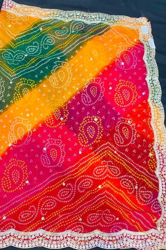 Multicolor Jaipuri Georgette Saree with Sippi & Mirror Work