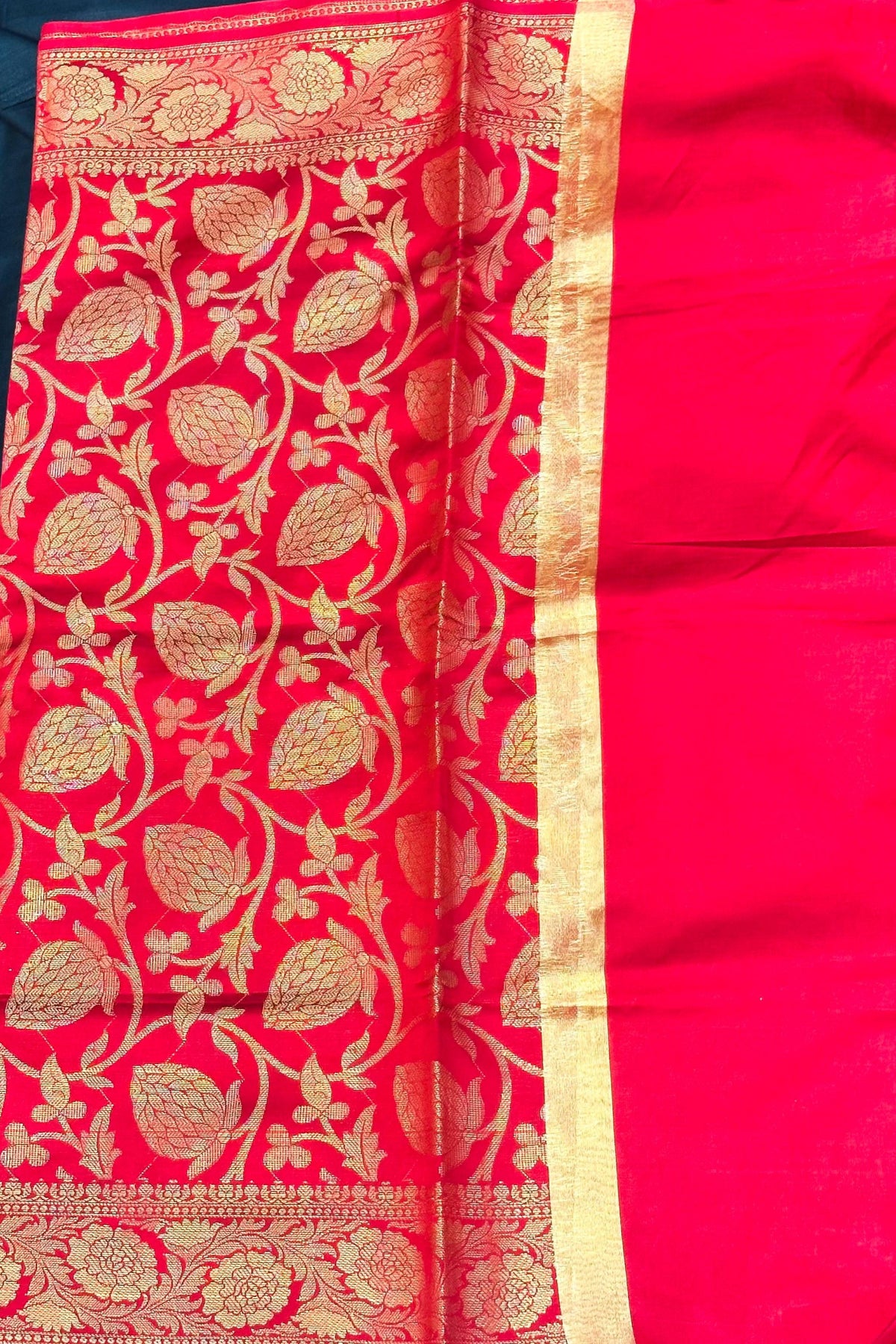 Mehroon Banarsi Silk Fabric with Golden Work & Two-Side Fumen