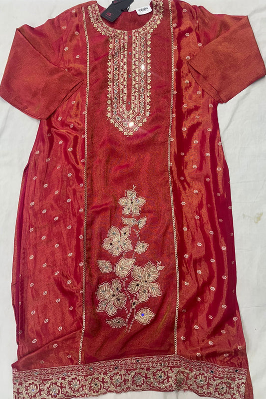 Carrot Shimmer Silk Suit Set with Zari Neck & Palla Work