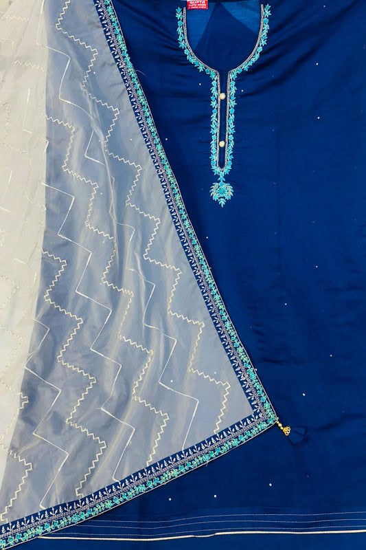 Navy Blue Muslin Cotton Suit with Thread & Naqli Work – Light Golden Organza Dupatta