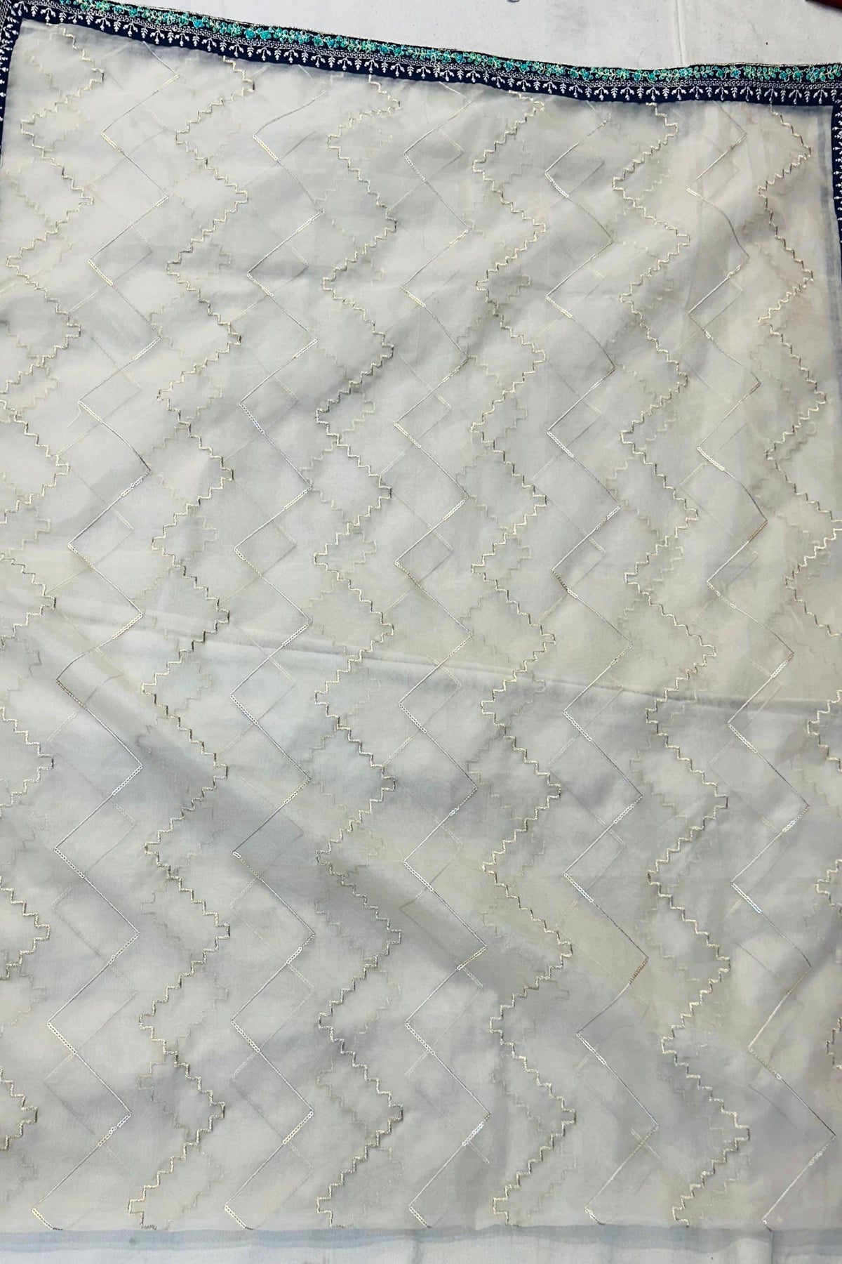 Navy Blue Muslin Cotton Suit with Thread & Naqli Work – Light Golden Organza Dupatta