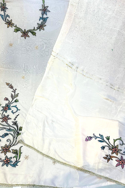 Peach Organza Block Printed Suit Set with Modal Cotton Dupatta