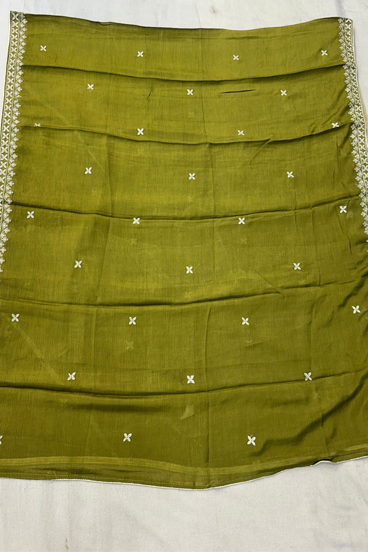 Mehndi Shimmer Silk Embroidered Suit Set with Chinon Dupatta