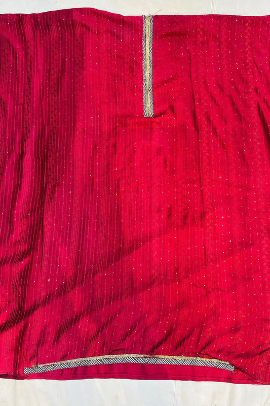 Cherry Maroon Cotton Muslin Thread & Sippi Work Suit Set with Printed Dupatta