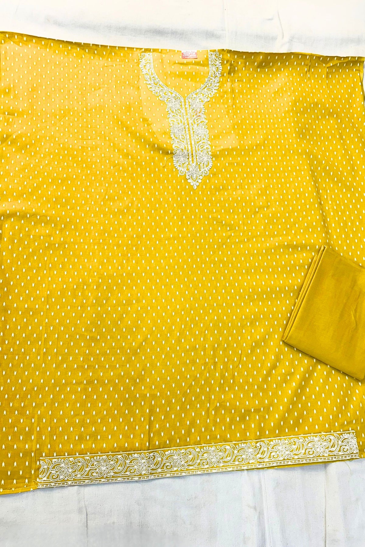 Mustard Yellow Threadwork Kurta Set with Cotton Bottom & Dupatta