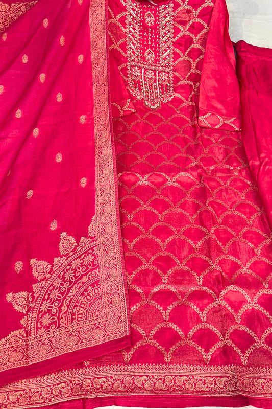 Rani Magenta Silk Shimmer Handwork Suit Set with Printed Dupatta