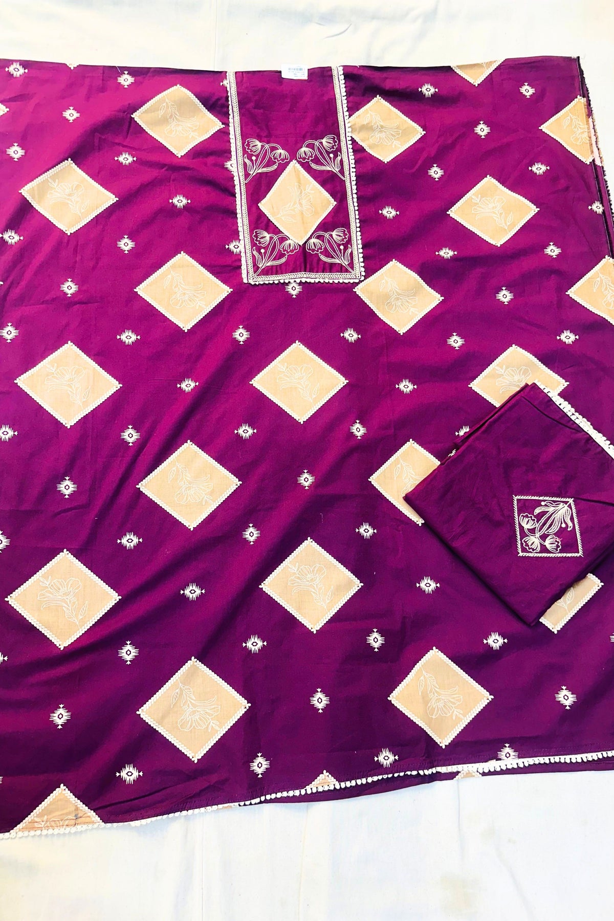 Wine Embroidered Threadwork Suit Set with Printed Dupatta