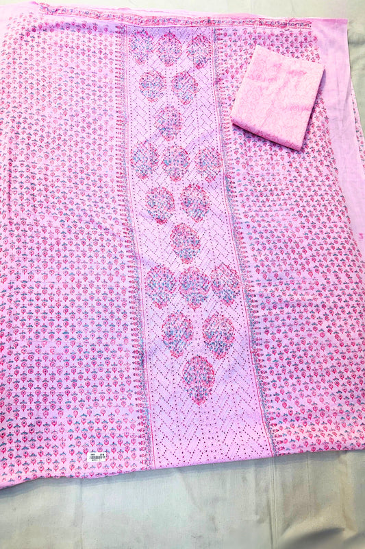 Pink Printed Chikankari Work Cotton Suit Set with Quota Doria Dupatta