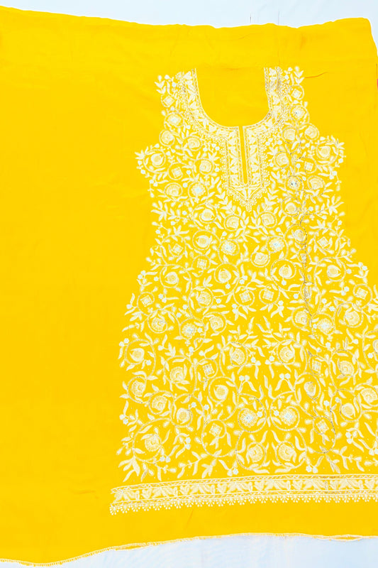Mustard Yellow Pure Crape Handwork Suit Set