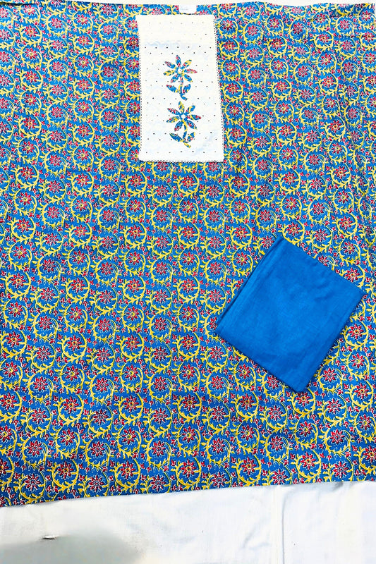 Blue Printed Patch Work Cotton 3-Piece Suit Set with Cream Dupatta