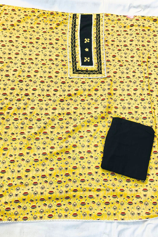 Mustard Yellow Cotton Suit with Black Patch Work & Dupatta