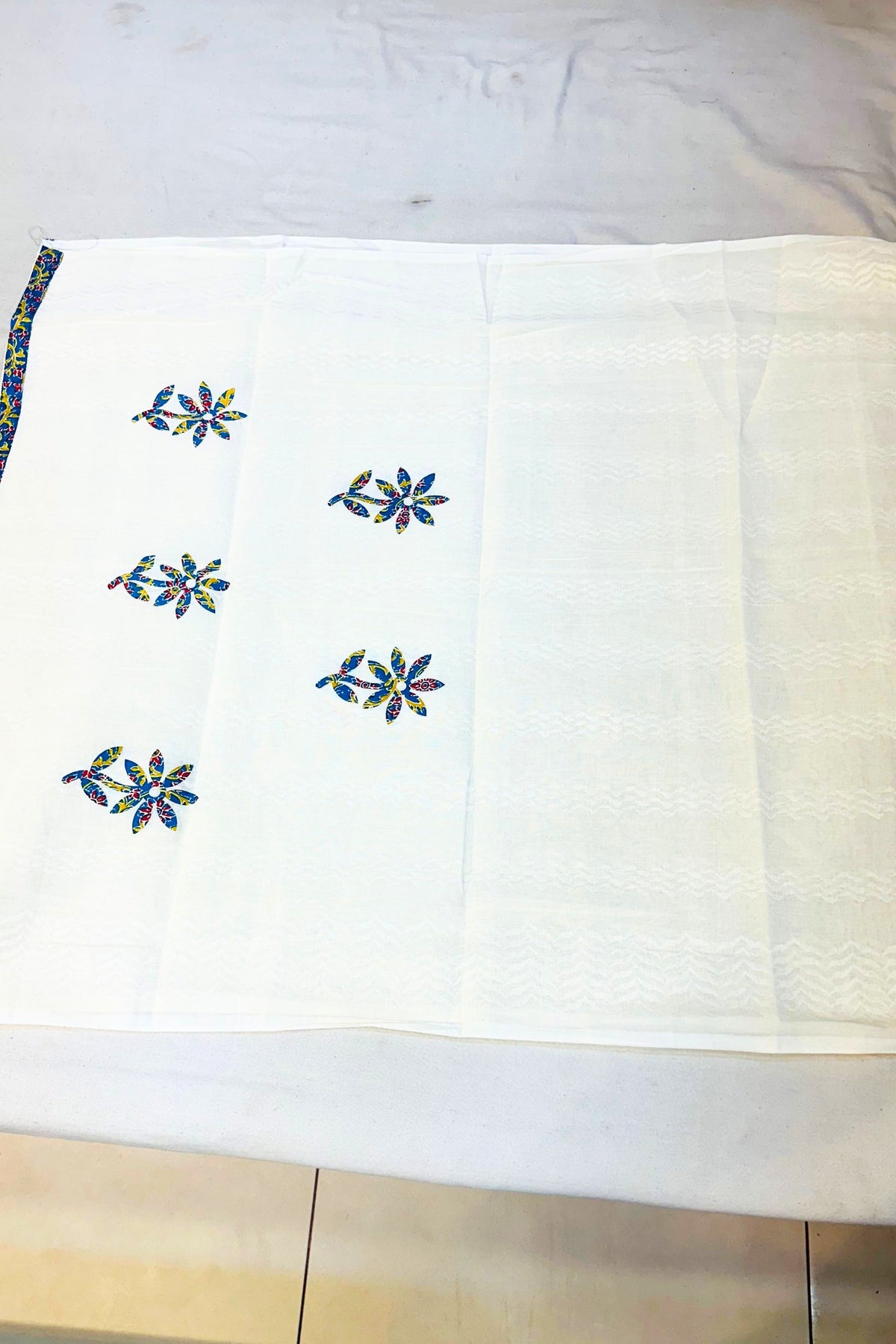 Blue Printed Patch Work Cotton 3-Piece Suit Set with Cream Dupatta