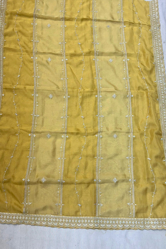 Light Golden Self Silk Designer Suit Set with Sippi Work & Organza Dupatta