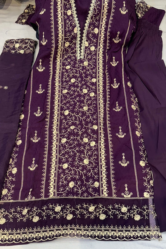 Purple Self Silk Threadwork Suit Set