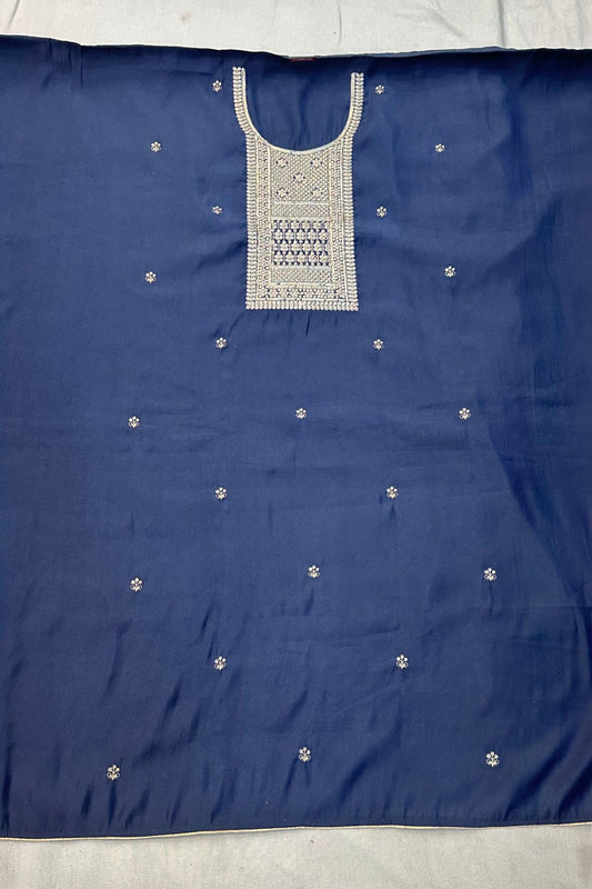 Navy Blue Musleen Silk Suit Set with Sippi Neck Work & Printed Organza Dupatta
