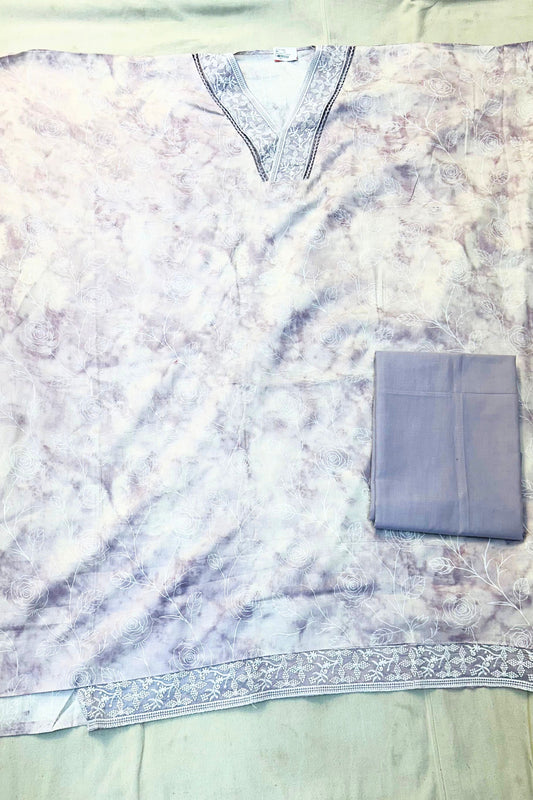 Light Purple Printed Cotton Threadwork 3-Piece Suit Set