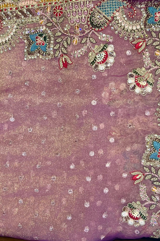 Elegant Onion Tissue Saree with Sippi & Thread Work and Wine Contrast Blouse