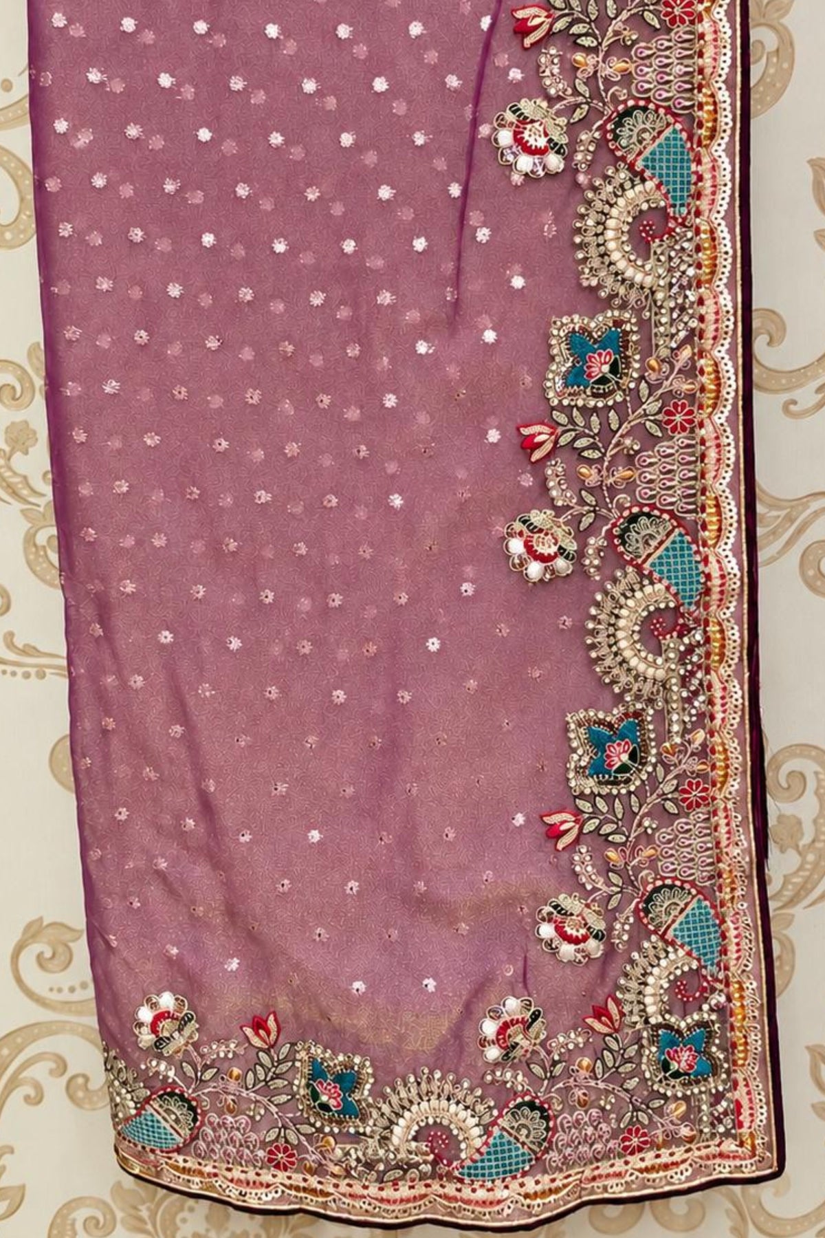 Elegant Onion Tissue Saree with Sippi & Thread Work and Wine Contrast Blouse