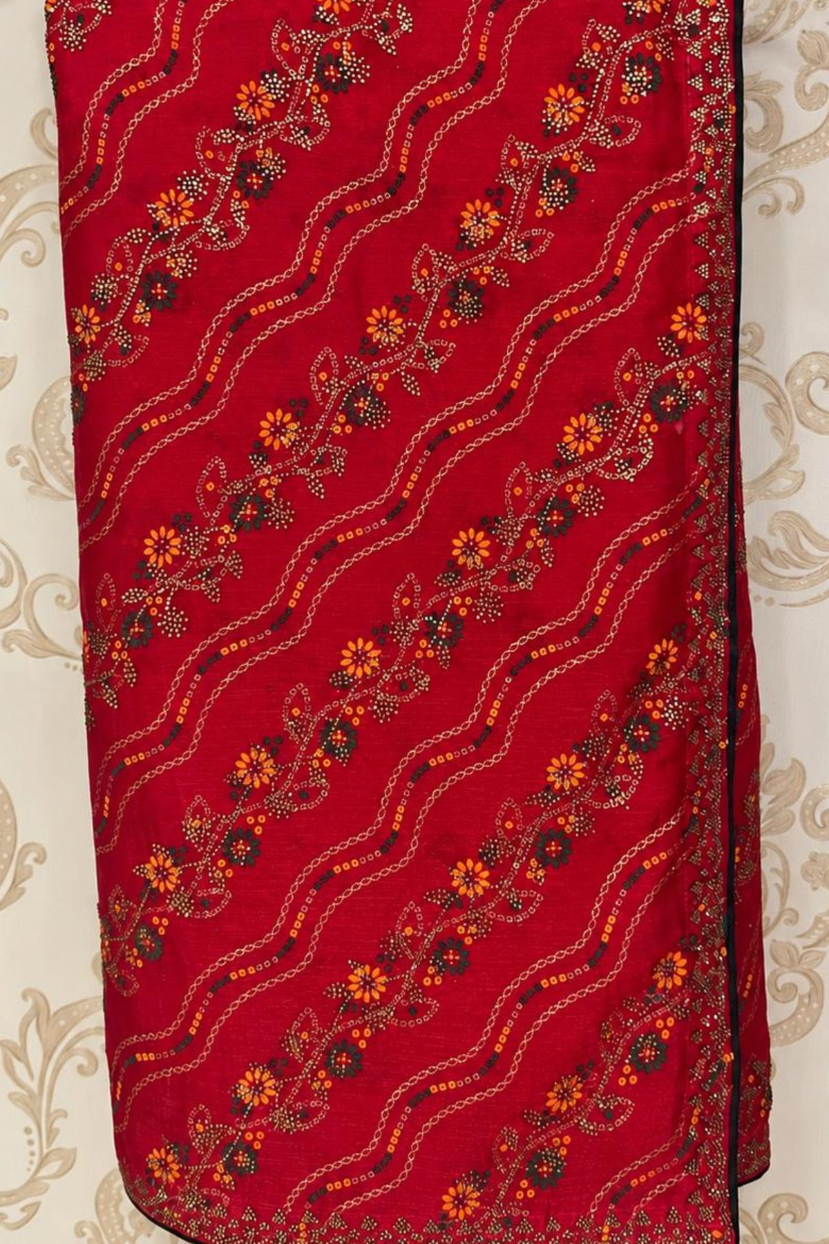 Red & Green Shimmer Chiffon Saree with Swarovski Work & Contrast Blouse