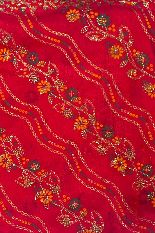 Red & Green Shimmer Chiffon Saree with Swarovski Work & Contrast Blouse