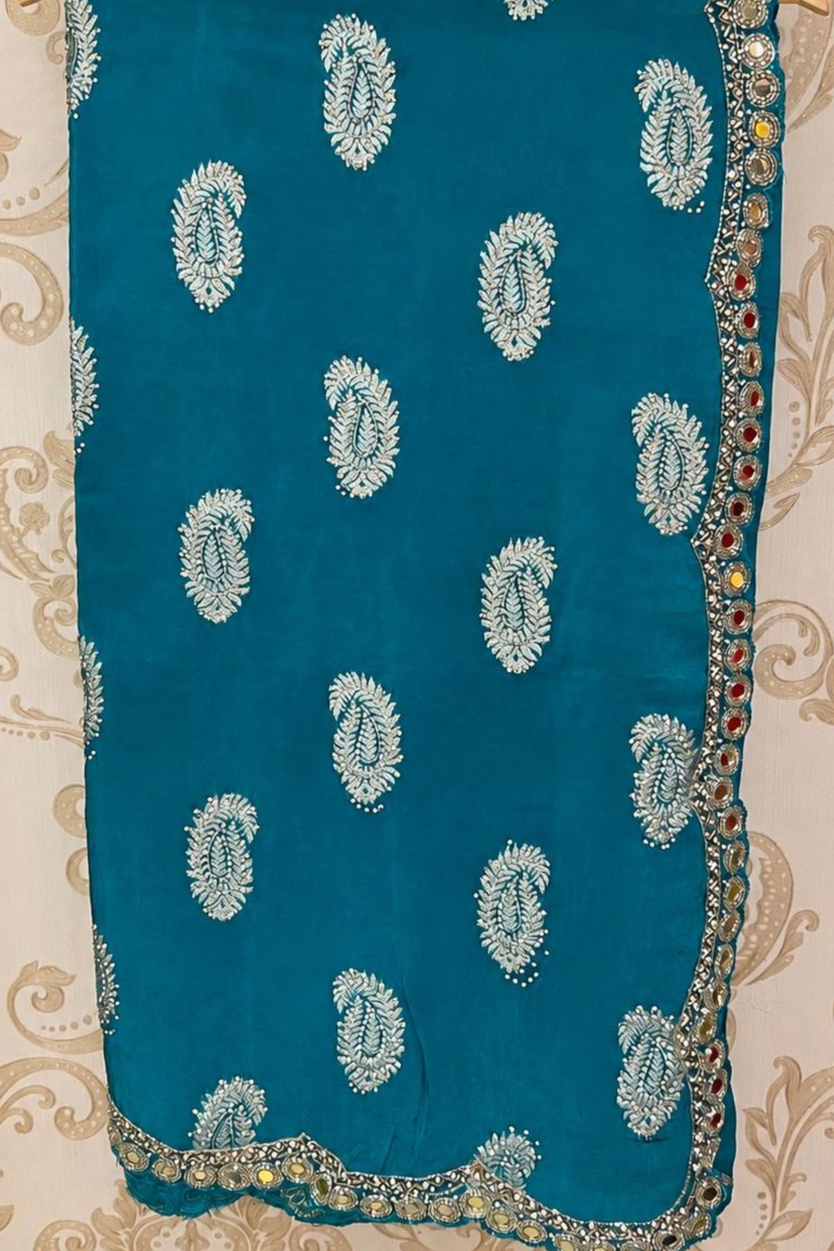 Ferozi Silk Saree with Handwork, Nalki & Mirror Work