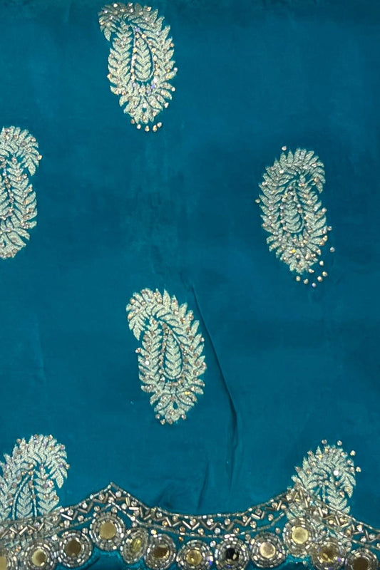Ferozi Silk Saree with Handwork, Nalki & Mirror Work
