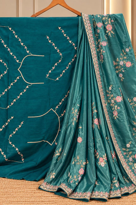 Peacock Green Tabby Silk Saree with Intricate Jury, Thread & Sequin Work