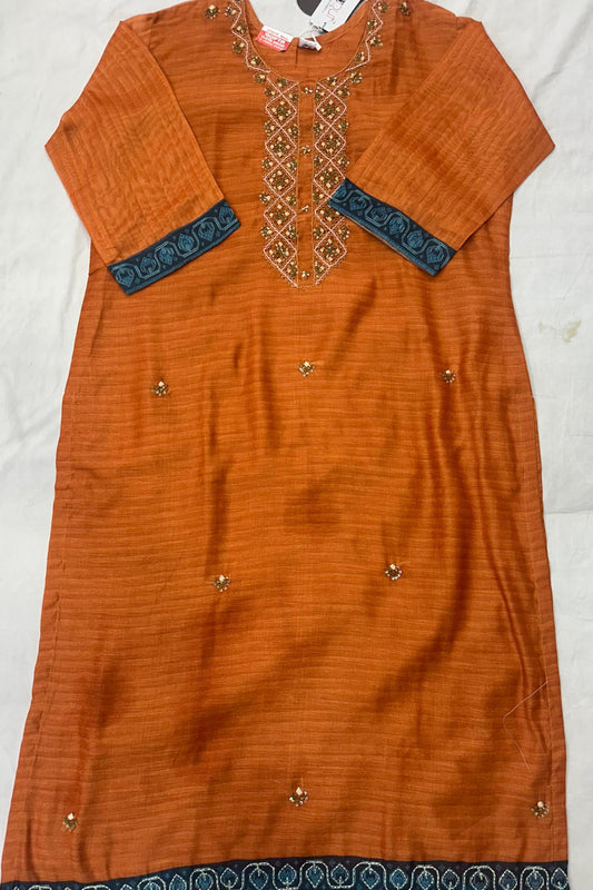Light Orange Soft Silk Suit Set with Sippi Work & Kalamkari Dupatta