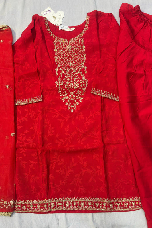 Tomato Red Self Silk Kurta Set with Dhoti Salwar & Embroidered Dupatta