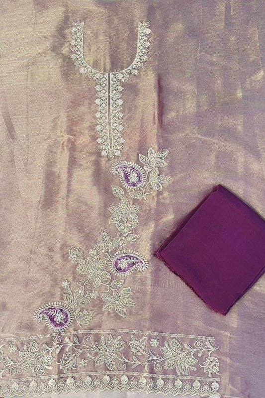 Elegant Purple Shimmer Organza 3-Piece Suit Set with Printed Organza Dupatta
