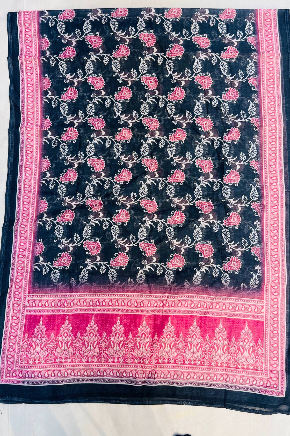 Black & Pink Linen Cotton Suit Set with Printed Dupatta