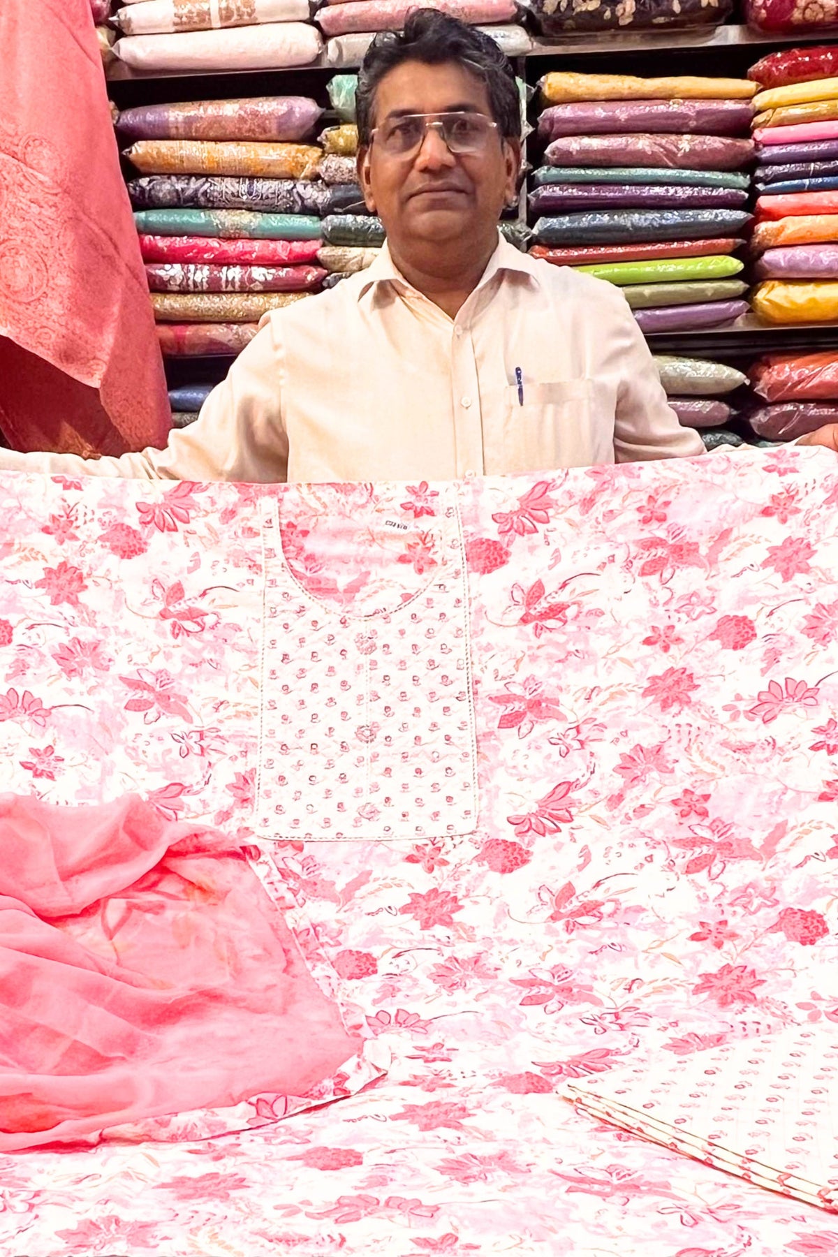 Rose Pink Cotton Suit with Chiffon Dupatta